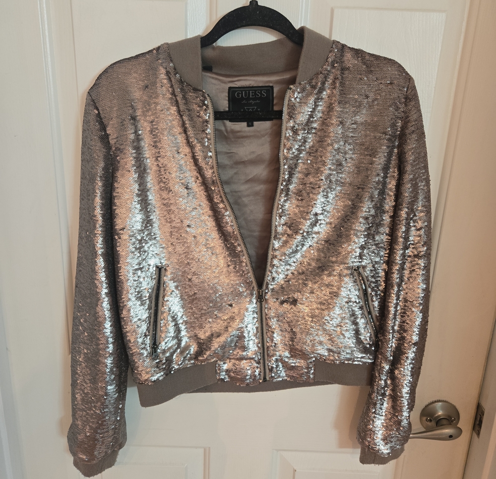 GUESS Metallic Silver Sequin Bomber Jacket